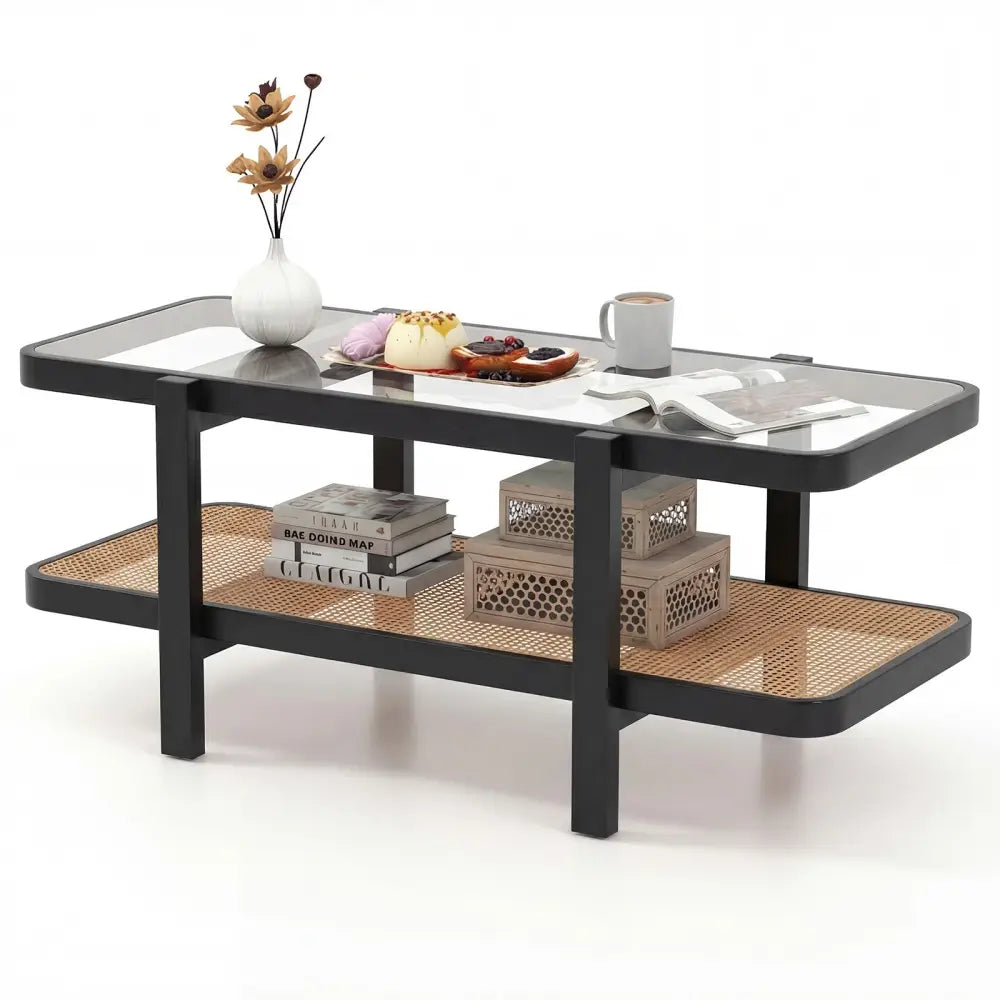 2-Tier Coffee Table with Storage and Tempered Glass Tabletop-Black - Black - Coffee Tables
