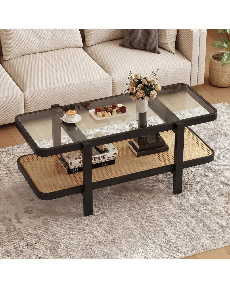 2-Tier Coffee Table with Storage and Tempered Glass Tabletop-Black - Black - Coffee Tables