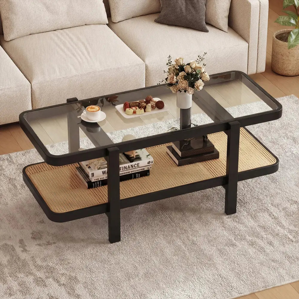 2-Tier Coffee Table with Storage and Tempered Glass Tabletop-Black - Black - Coffee Tables