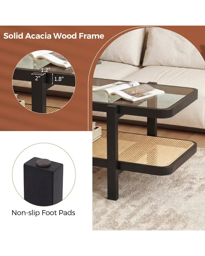 2-Tier Coffee Table with Storage and Tempered Glass Tabletop-Black - Black - Coffee Tables