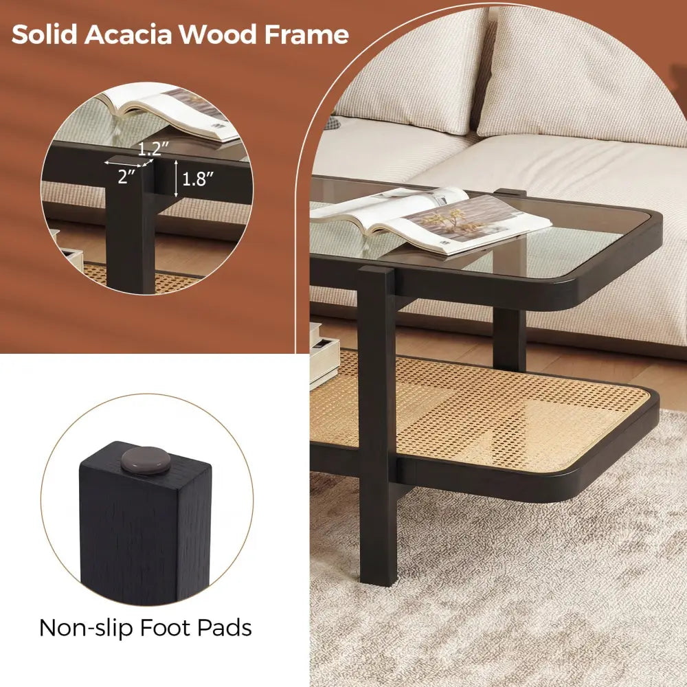 2-Tier Coffee Table with Storage and Tempered Glass Tabletop-Black - Black - Coffee Tables
