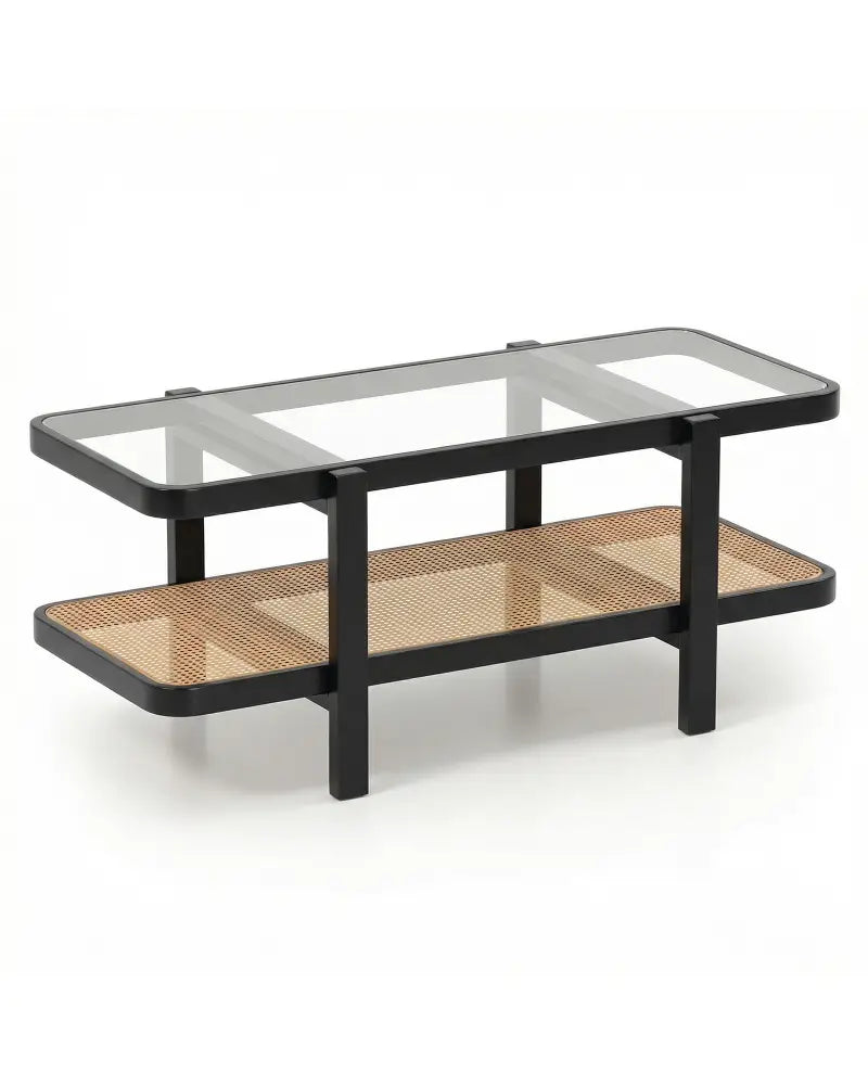 2-Tier Coffee Table with Storage and Tempered Glass Tabletop-Black - Black - Coffee Tables
