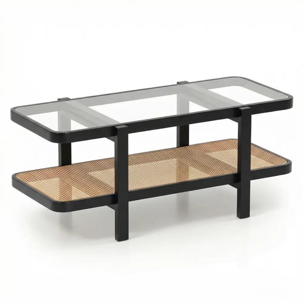 2-Tier Coffee Table with Storage and Tempered Glass Tabletop-Black - Black - Coffee Tables