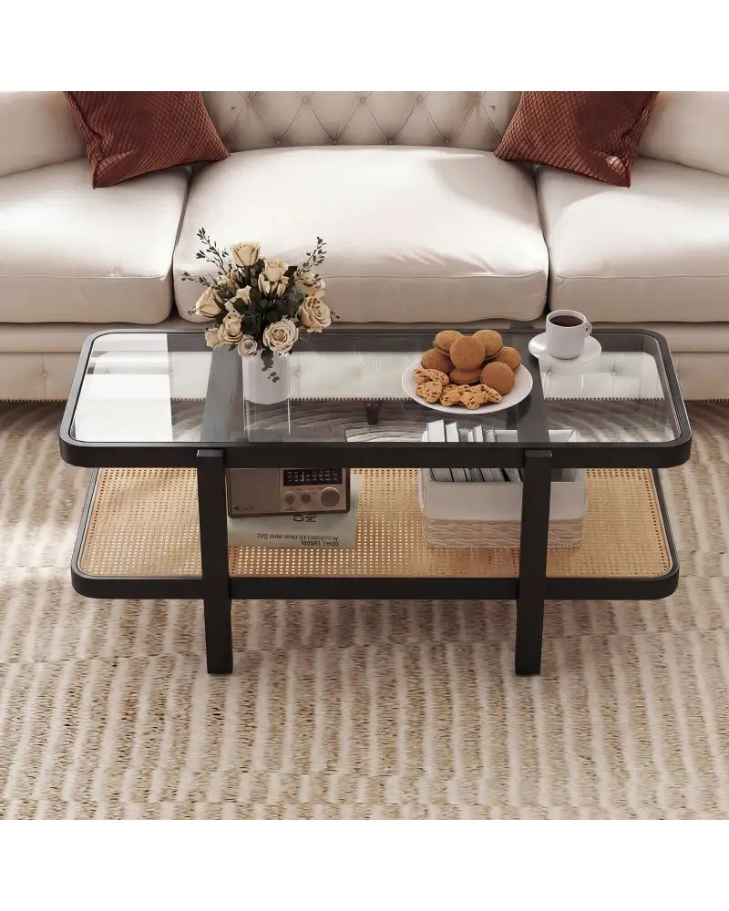 2-Tier Coffee Table with Storage and Tempered Glass Tabletop-Black - Black - Coffee Tables