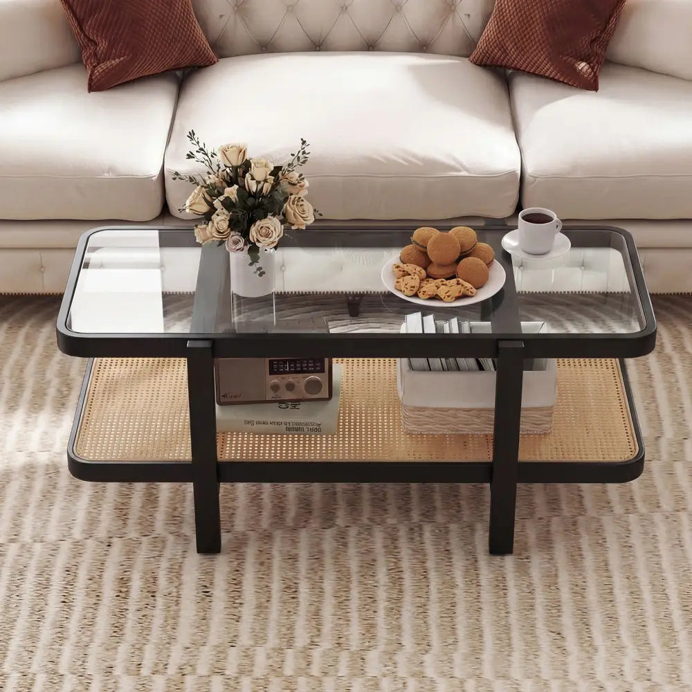 2-Tier Coffee Table with Storage and Tempered Glass Tabletop-Black - Black - Coffee Tables