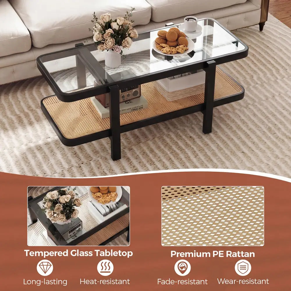 2-Tier Coffee Table with Storage and Tempered Glass Tabletop-Black - Black - Coffee Tables