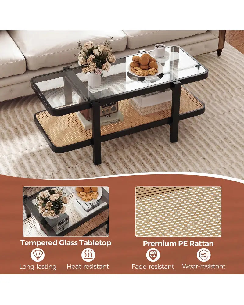 2-Tier Coffee Table with Storage and Tempered Glass Tabletop-Black - Black - Coffee Tables