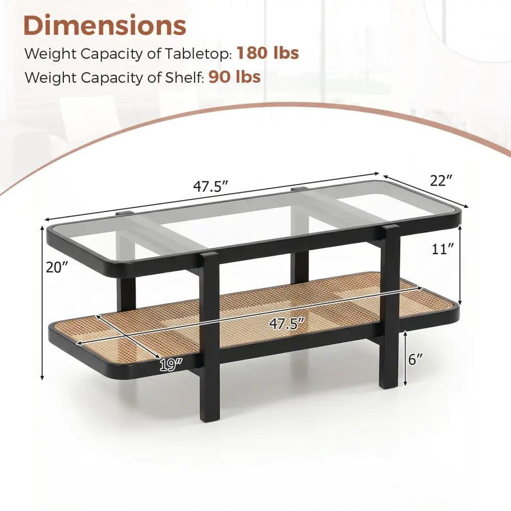 2-Tier Coffee Table with Storage and Tempered Glass Tabletop-Black - Black - Coffee Tables