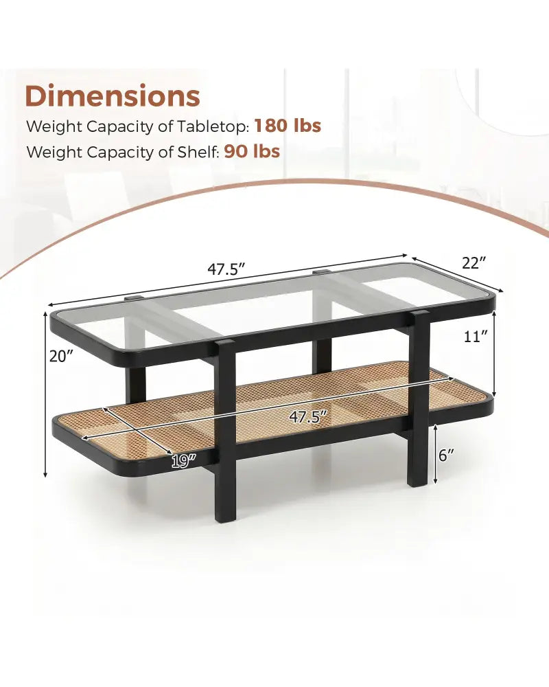 2-Tier Coffee Table with Storage and Tempered Glass Tabletop-Black - Black - Coffee Tables