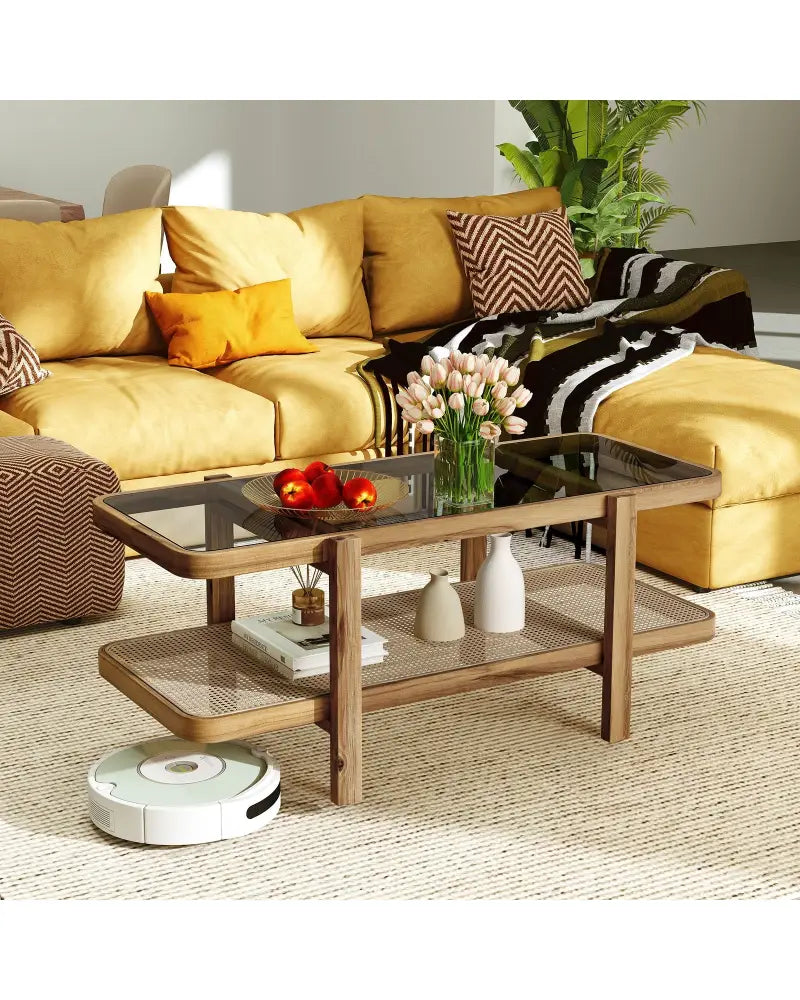 2-Tier Coffee Table with Storage and Tempered Glass Tabletop-Brown - Brown - Coffee Tables