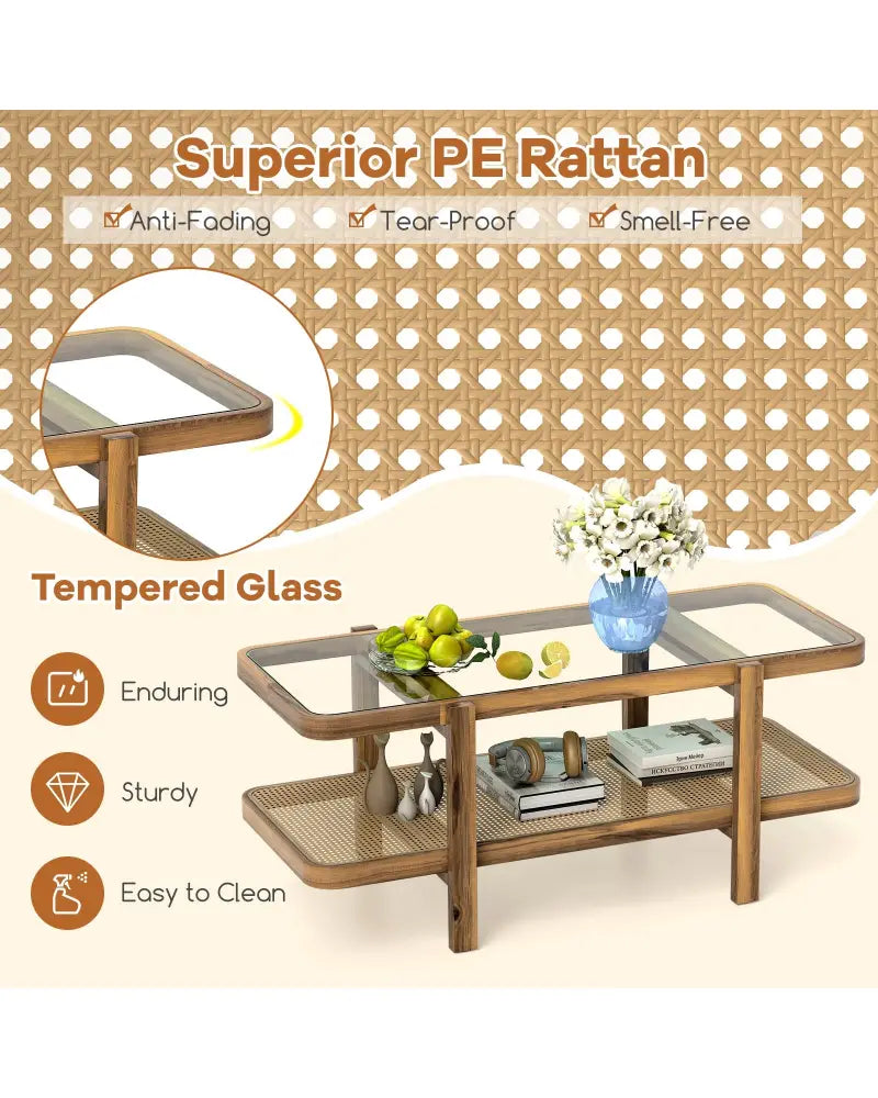 2-Tier Coffee Table with Storage and Tempered Glass Tabletop-Brown - Brown - Coffee Tables