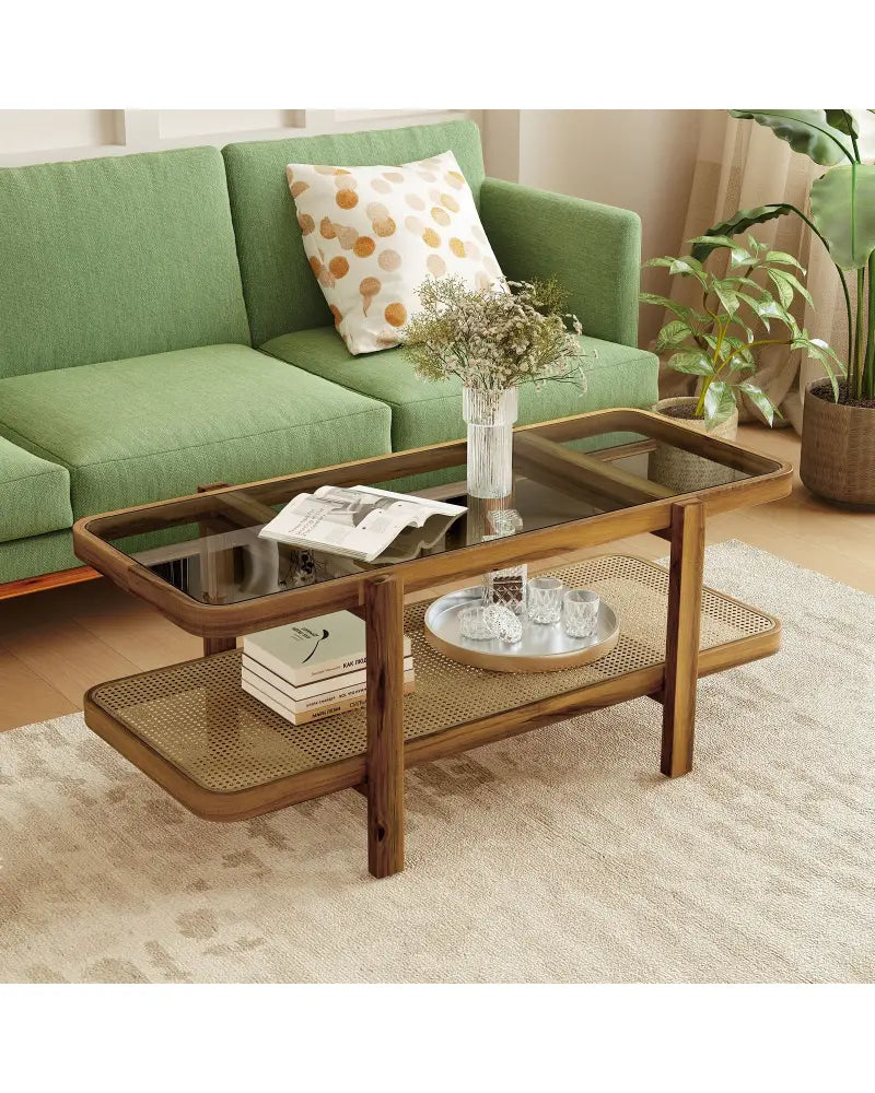2-Tier Coffee Table with Storage and Tempered Glass Tabletop-Brown - Brown - Coffee Tables