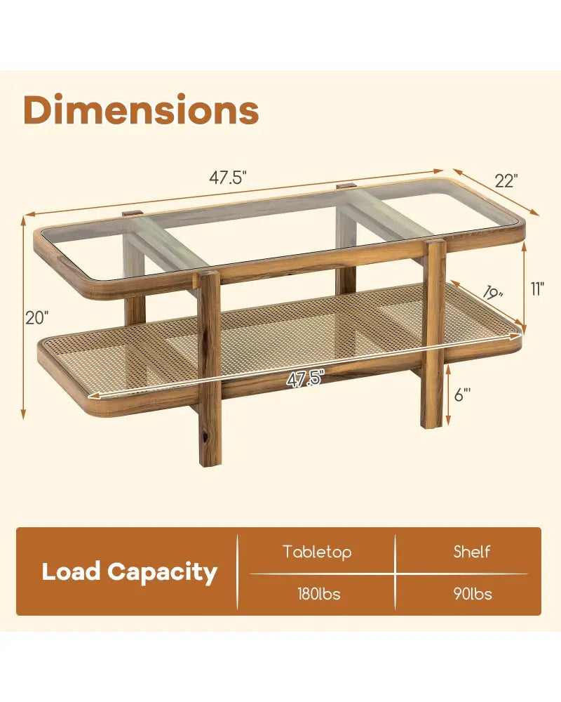 2-Tier Coffee Table with Storage and Tempered Glass Tabletop-Brown - Brown - Coffee Tables