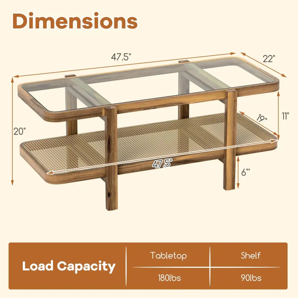 2-Tier Coffee Table with Storage and Tempered Glass Tabletop-Brown - Brown - Coffee Tables