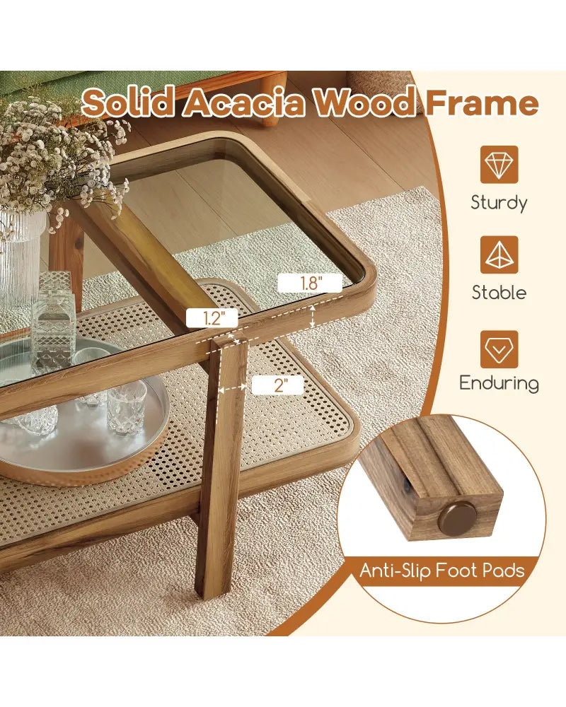 2-Tier Coffee Table with Storage and Tempered Glass Tabletop-Brown - Brown - Coffee Tables