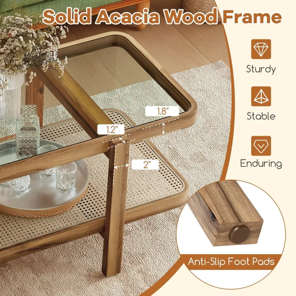 2-Tier Coffee Table with Storage and Tempered Glass Tabletop-Brown Costway