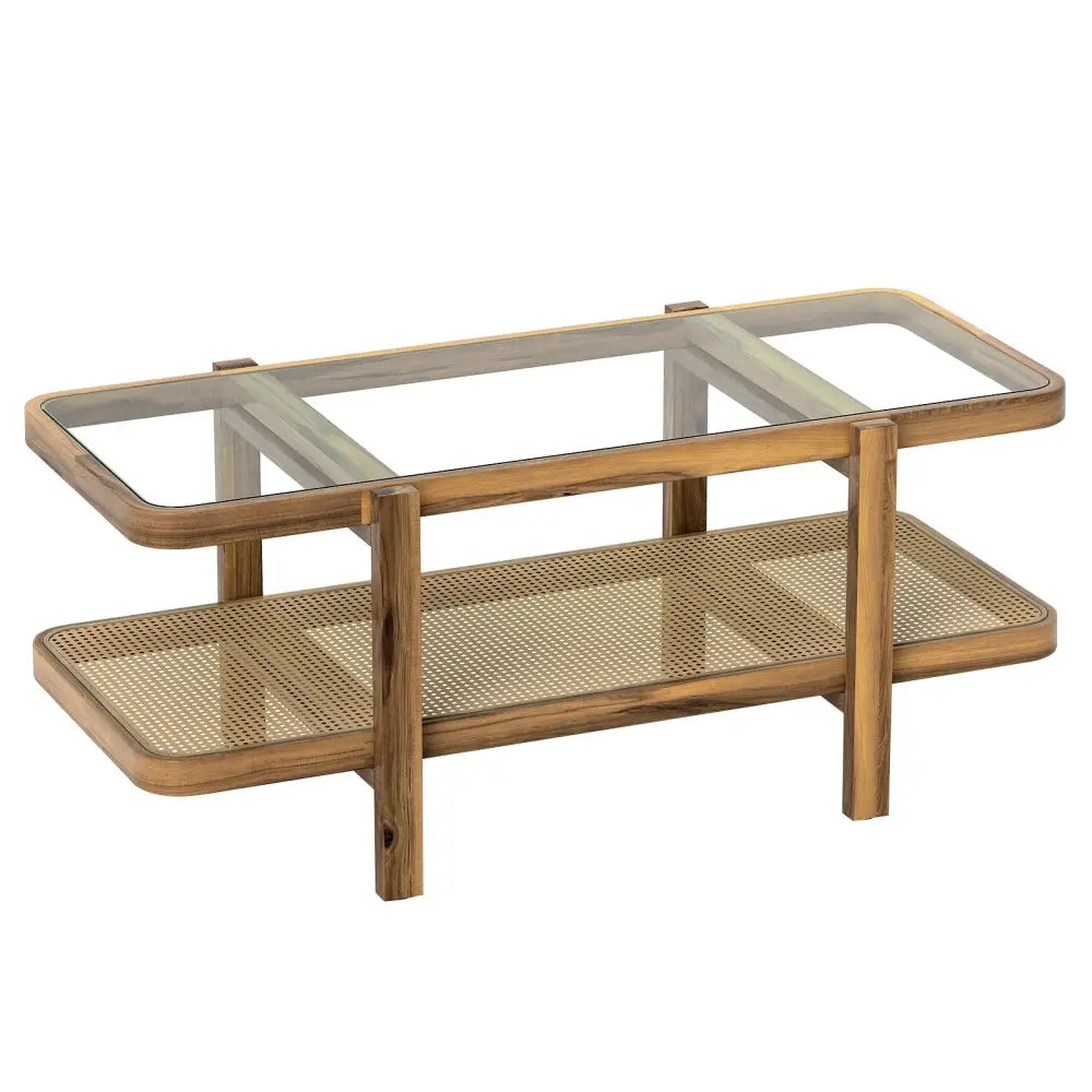 2-Tier Coffee Table with Storage and Tempered Glass Tabletop-Brown Costway