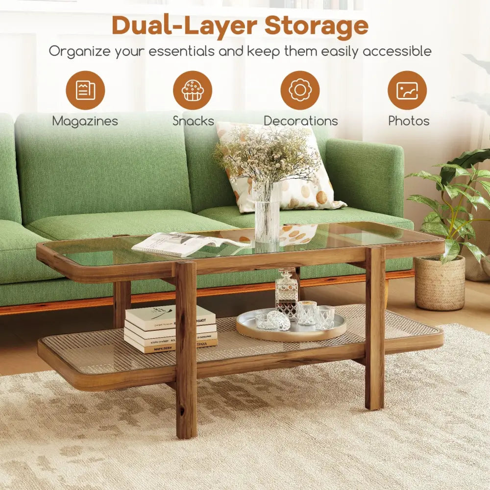 2-Tier Coffee Table with Storage and Tempered Glass Tabletop-Brown - Brown - Coffee Tables