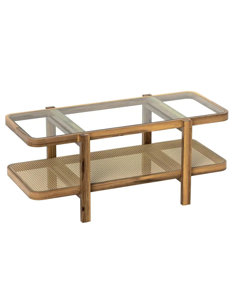 2-Tier Coffee Table with Storage and Tempered Glass Tabletop-Brown - Brown - Coffee Tables