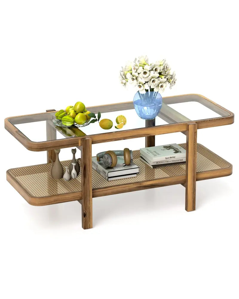 2-Tier Coffee Table with Storage and Tempered Glass Tabletop-Brown - Brown - Coffee Tables