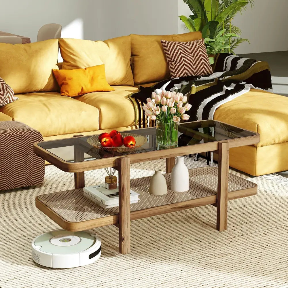 2-Tier Coffee Table with Storage and Tempered Glass Tabletop-Brown Costway