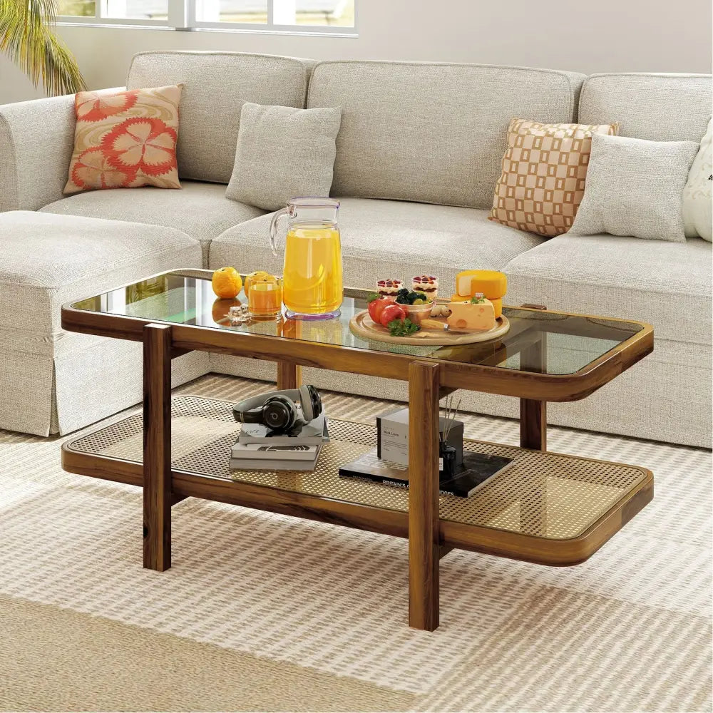 2-Tier Coffee Table with Storage and Tempered Glass Tabletop-Brown Costway