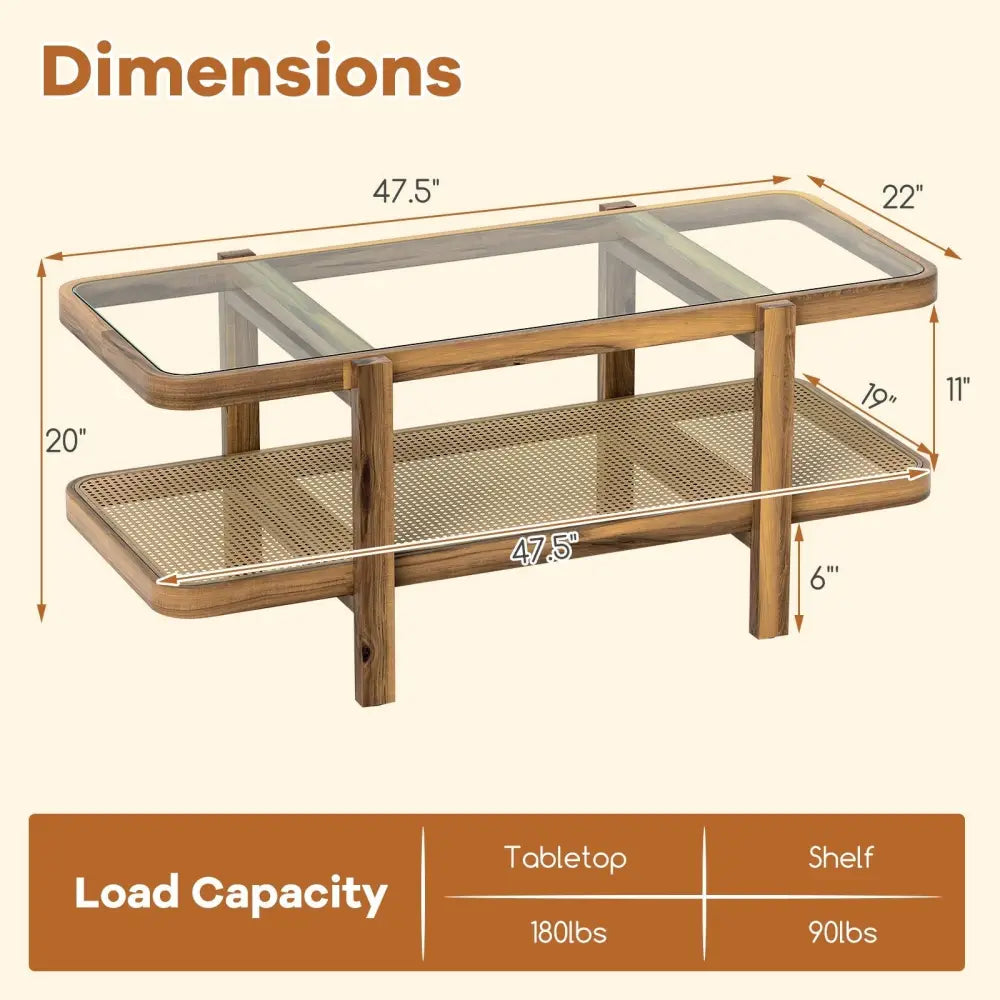2-Tier Coffee Table with Storage and Tempered Glass Tabletop-Brown Costway