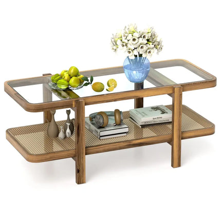 2-Tier Coffee Table with Storage and Tempered Glass Tabletop-Brown Costway