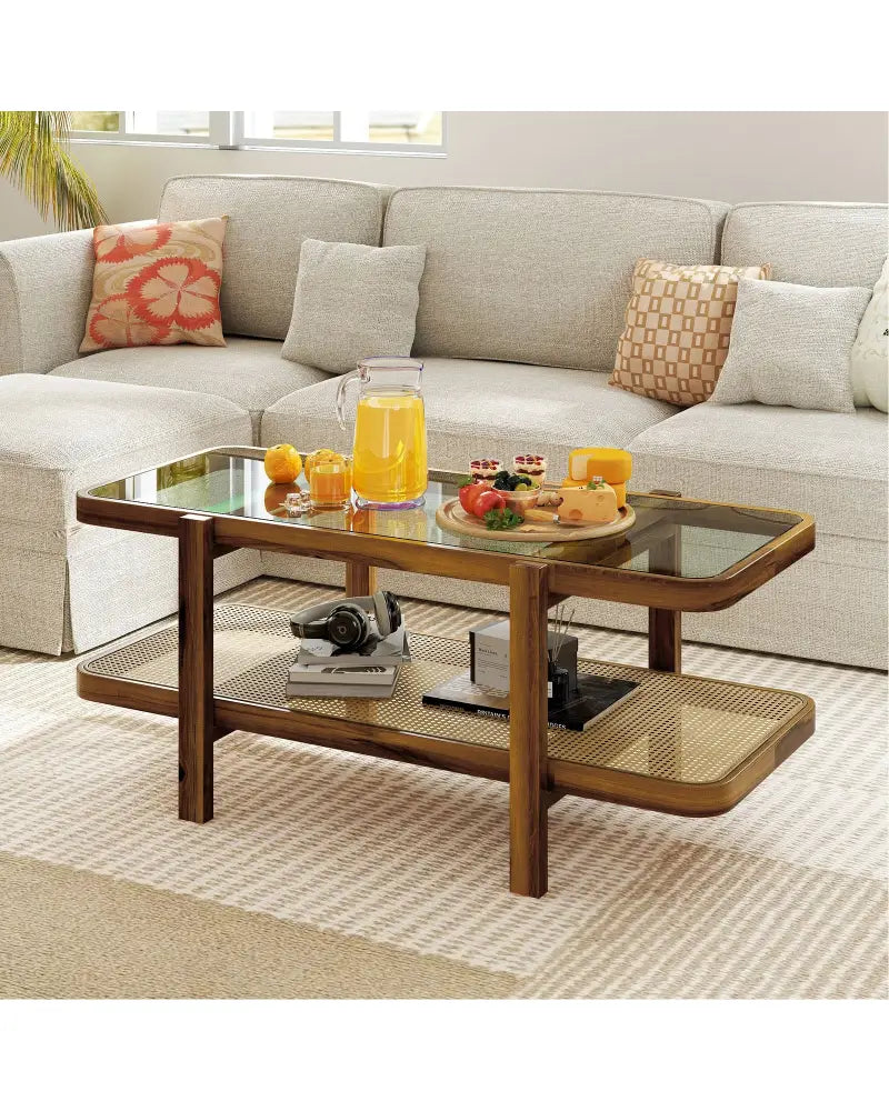 2-Tier Coffee Table with Storage and Tempered Glass Tabletop-Brown - Brown - Coffee Tables