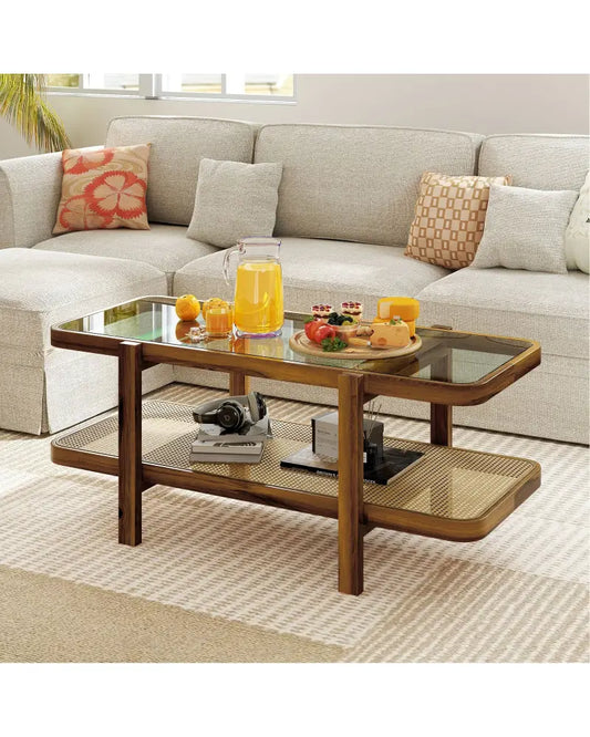 2-Tier Coffee Table with Storage and Tempered Glass Tabletop-Brown - Brown - Coffee Tables