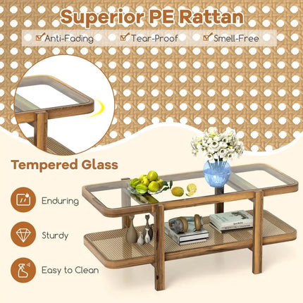 2-Tier Coffee Table with Storage and Tempered Glass Tabletop-Brown Costway
