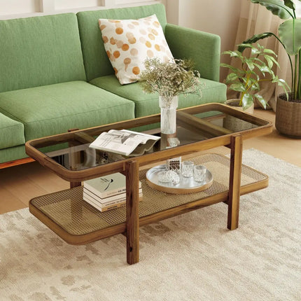 2-Tier Coffee Table with Storage and Tempered Glass Tabletop-Brown Costway