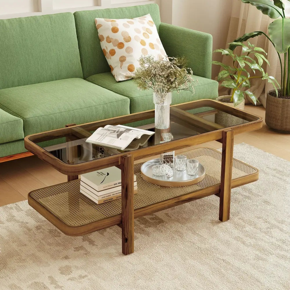 2-Tier Coffee Table with Storage and Tempered Glass Tabletop-Brown Costway
