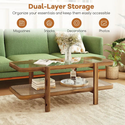 2-Tier Coffee Table with Storage and Tempered Glass Tabletop-Brown Costway