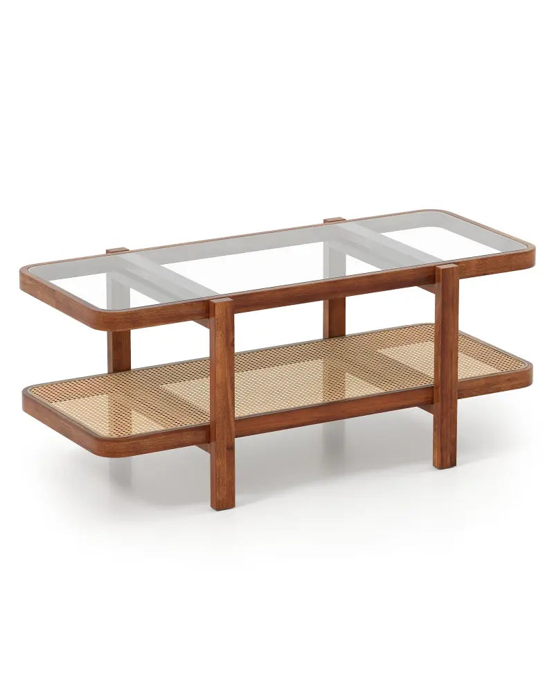 2-Tier Coffee Table with Storage and Tempered Glass Tabletop-Coffee - Coffee - Coffee Tables