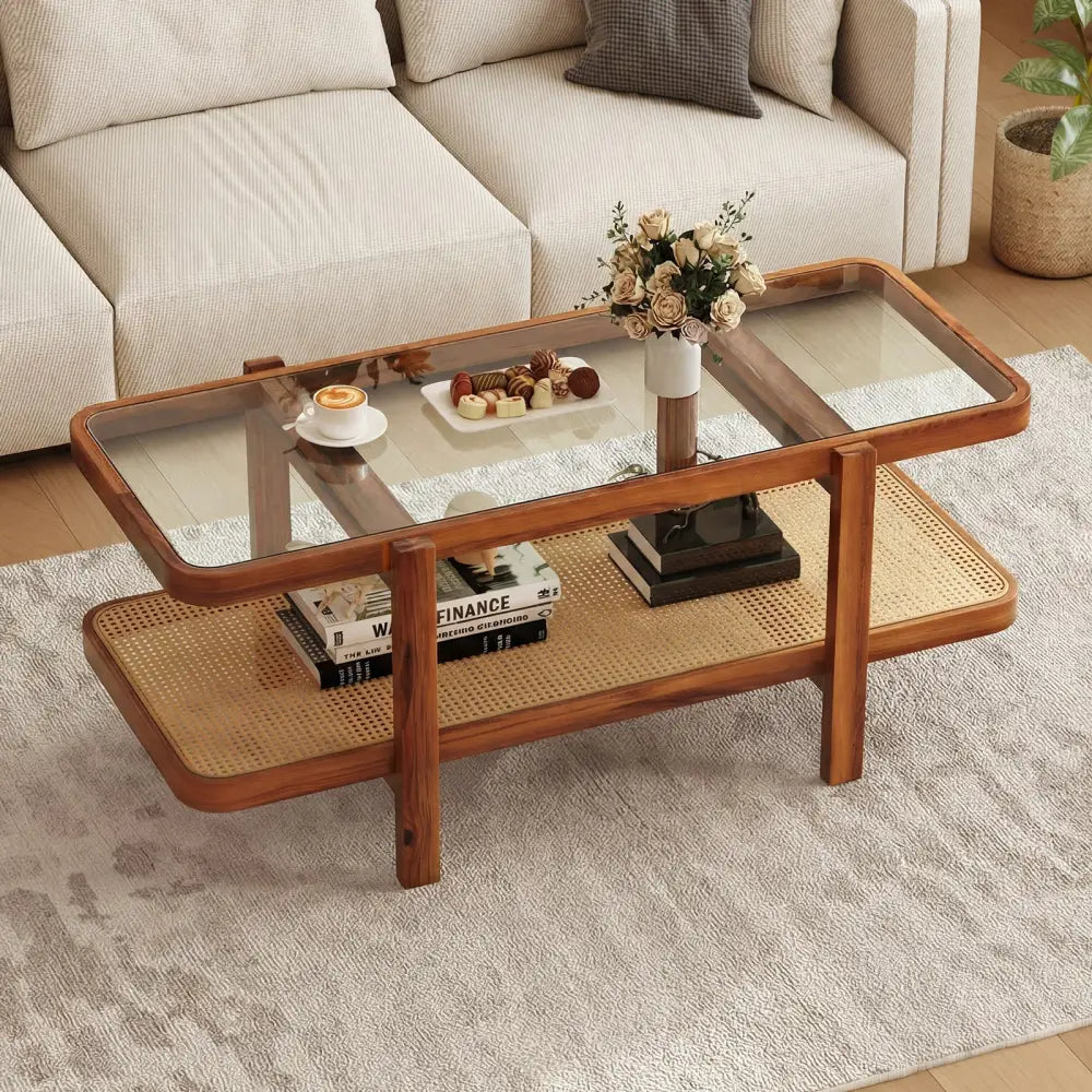 2-Tier Coffee Table with Storage and Tempered Glass Tabletop-Coffee Costway