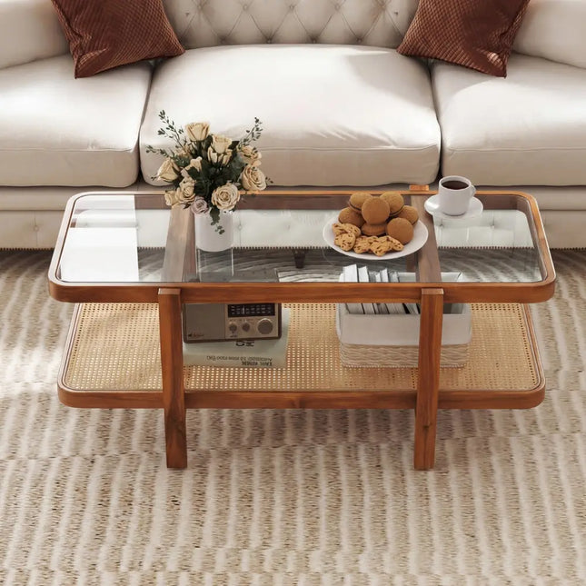 2-Tier Coffee Table with Storage and Tempered Glass Tabletop-Coffee Costway