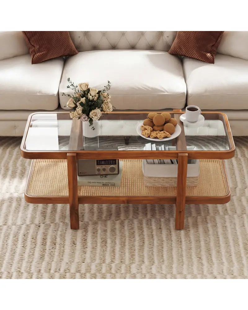 2-Tier Coffee Table with Storage and Tempered Glass Tabletop-Coffee - Coffee - Coffee Tables