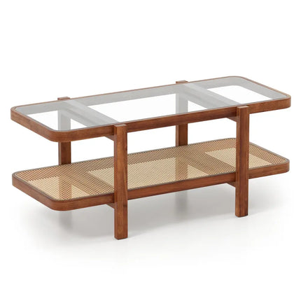 2-Tier Coffee Table with Storage and Tempered Glass Tabletop-Coffee Costway