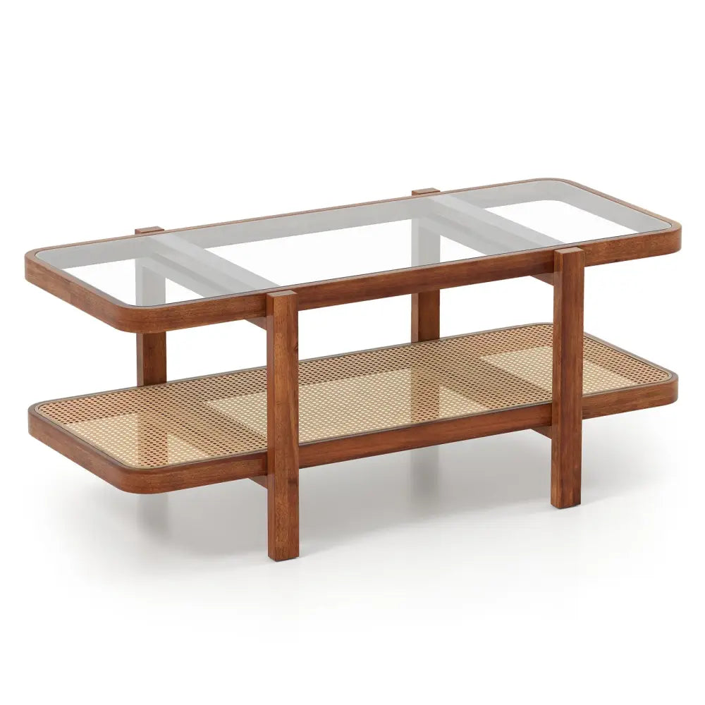 2-Tier Coffee Table with Storage and Tempered Glass Tabletop-Coffee Costway