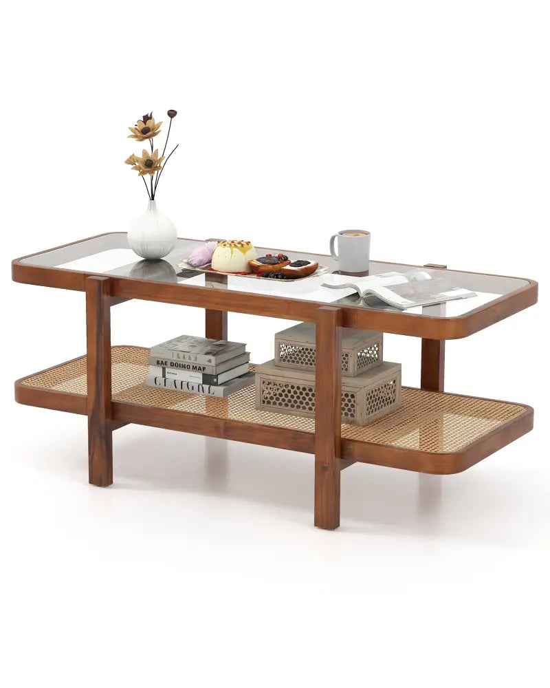 2-Tier Coffee Table with Storage and Tempered Glass Tabletop-Coffee - Coffee - Coffee Tables