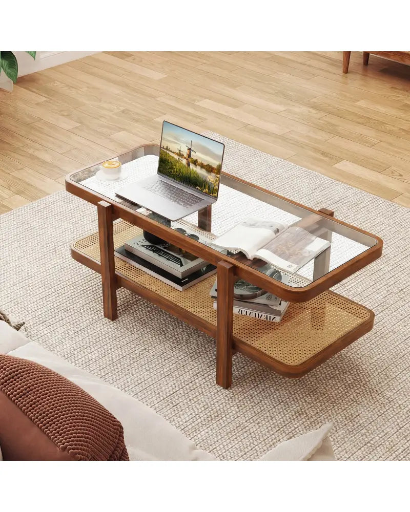 2-Tier Coffee Table with Storage and Tempered Glass Tabletop-Coffee - Coffee - Coffee Tables