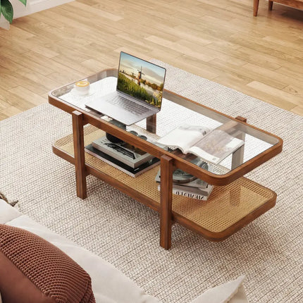 2-Tier Coffee Table with Storage and Tempered Glass Tabletop-Coffee Costway