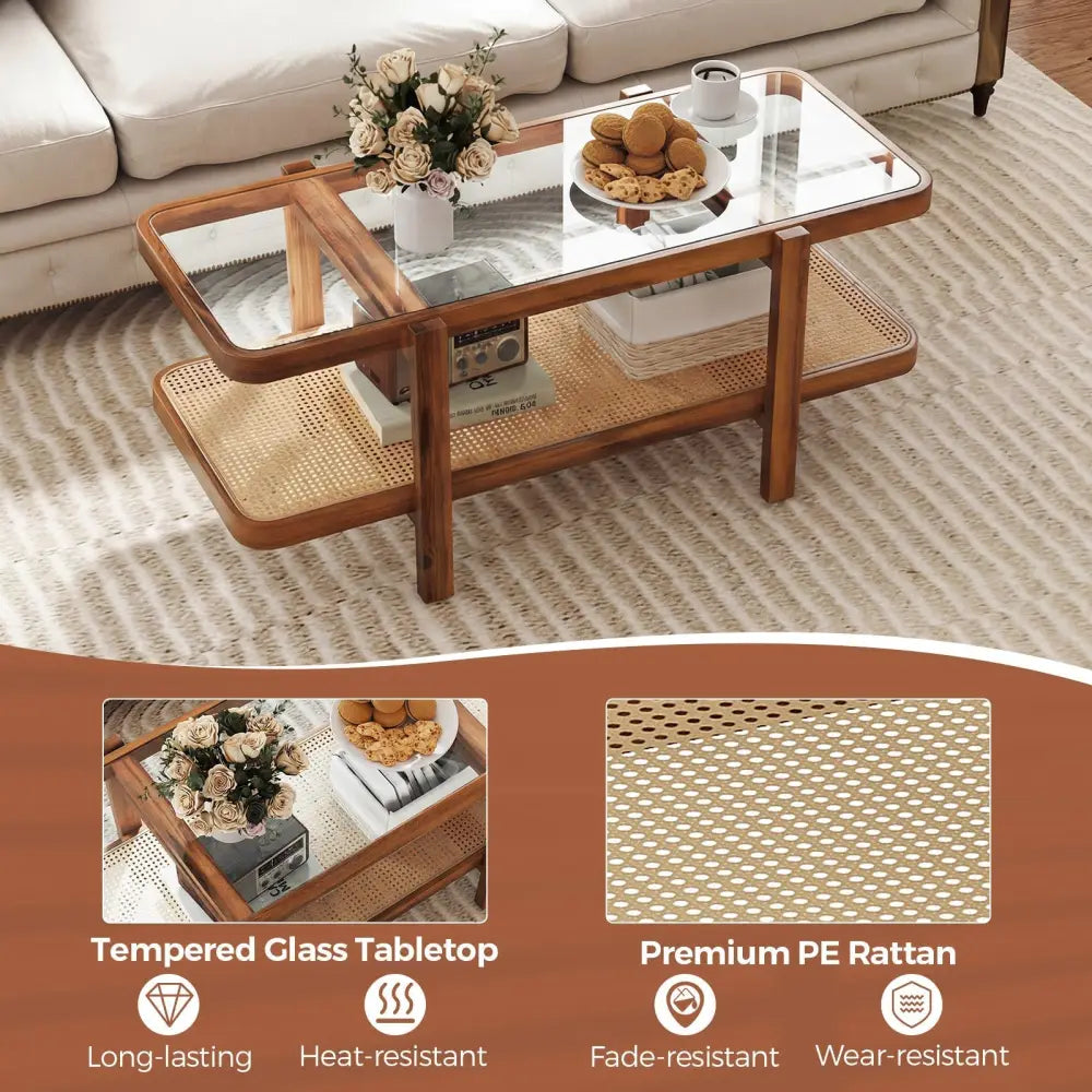 2-Tier Coffee Table with Storage and Tempered Glass Tabletop-Coffee Costway