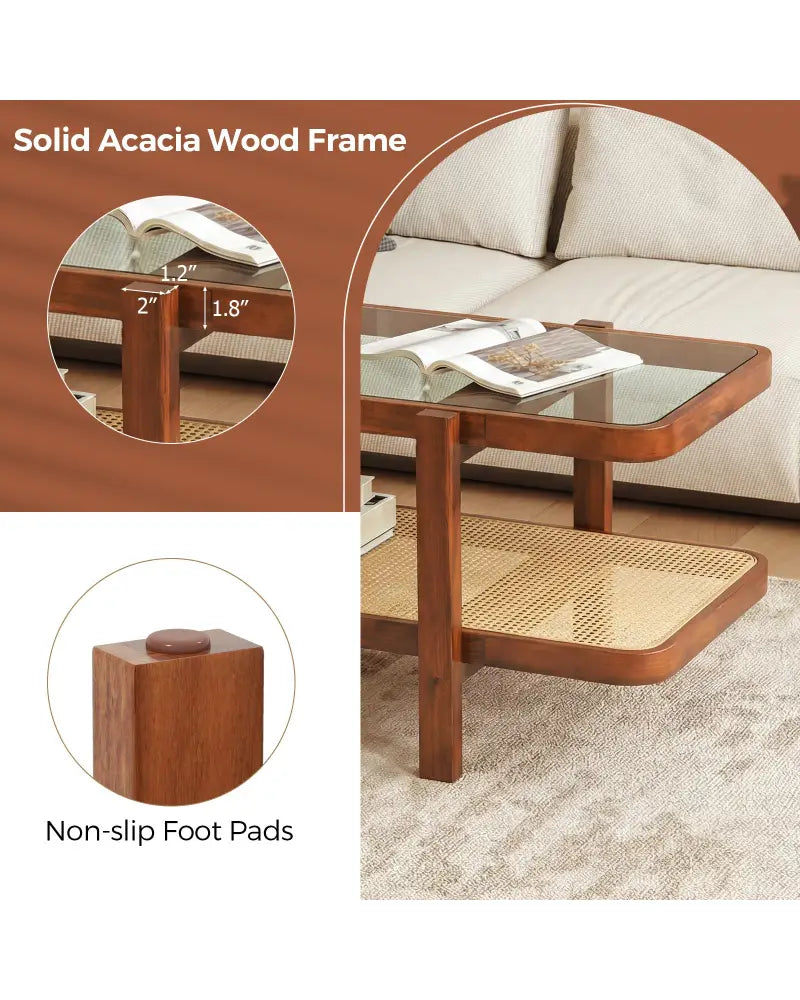2-Tier Coffee Table with Storage and Tempered Glass Tabletop-Coffee - Coffee - Coffee Tables