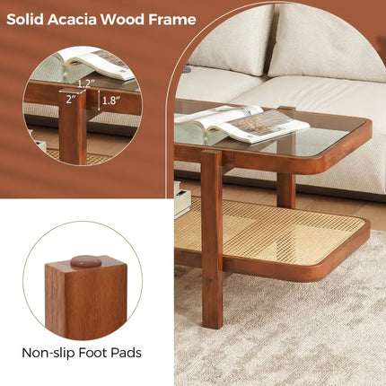 2-Tier Coffee Table with Storage and Tempered Glass Tabletop-Coffee Costway