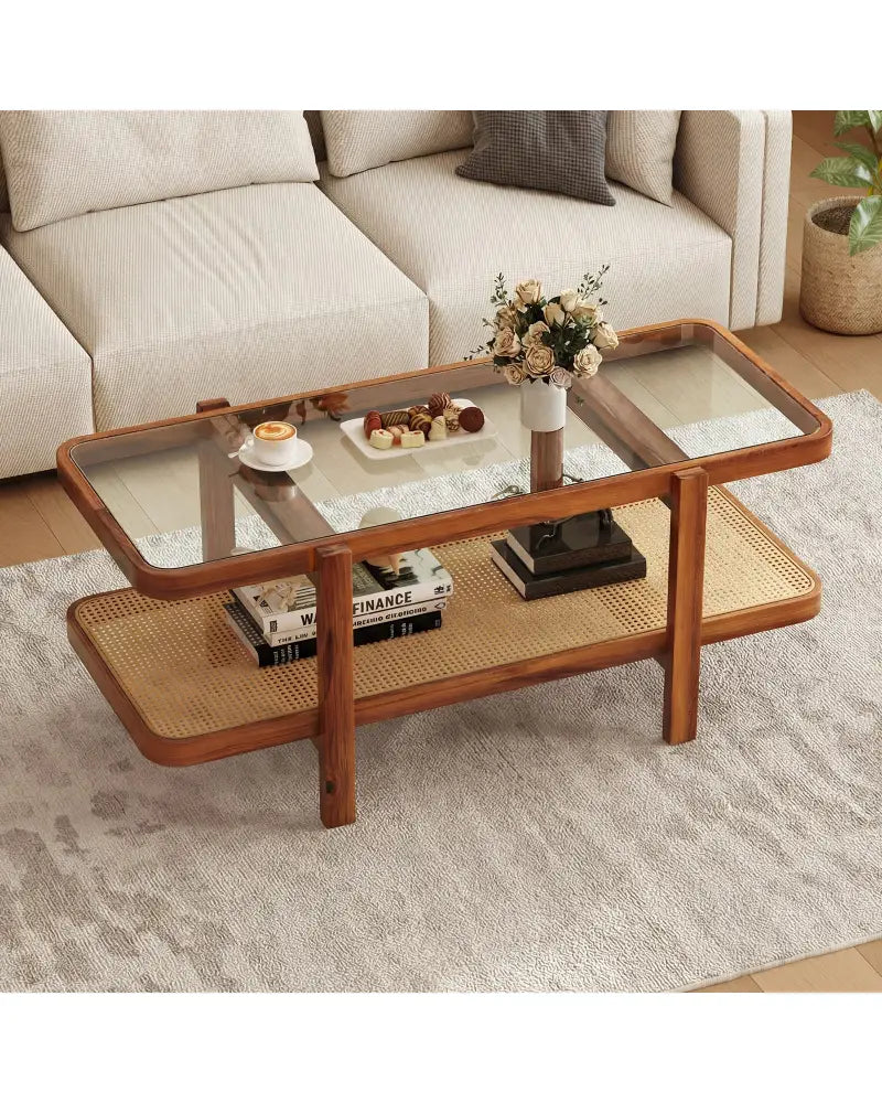 2-Tier Coffee Table with Storage and Tempered Glass Tabletop-Coffee - Coffee - Coffee Tables