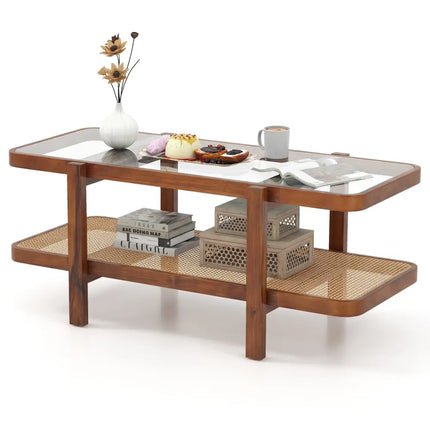2-Tier Coffee Table with Storage and Tempered Glass Tabletop-Coffee Costway