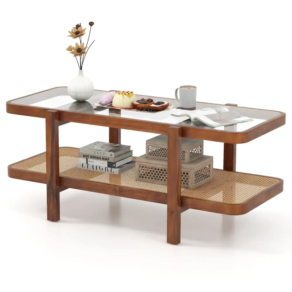 2-Tier Coffee Table with Storage and Tempered Glass Tabletop-Coffee Costway