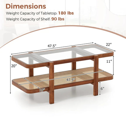 2-Tier Coffee Table with Storage and Tempered Glass Tabletop-Coffee Costway
